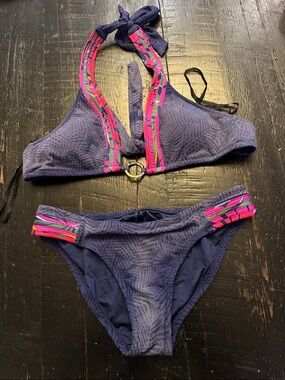 Trina Turk Navy Halter Bikini with Pink & Green Trim